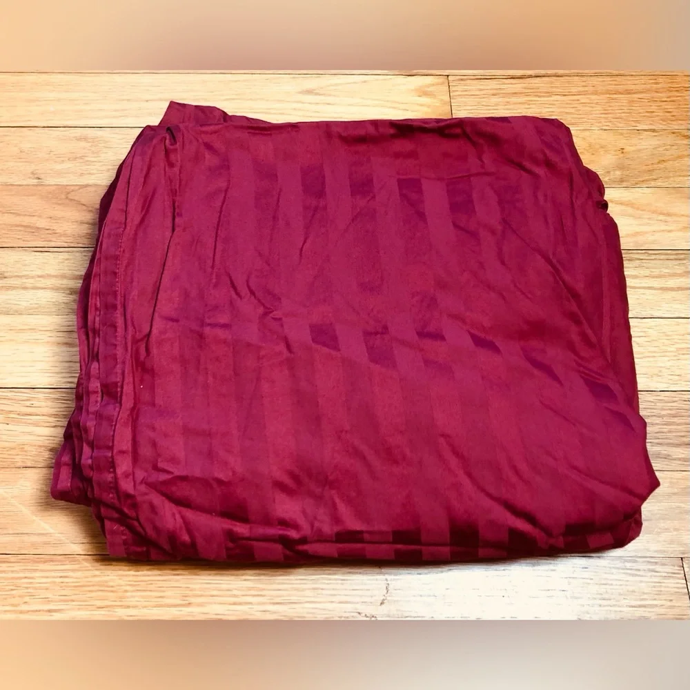 Wamsutta King Sheet Flat 3 pillowcs Damask Stripe Sateen Cotton Garnet Red Dobby